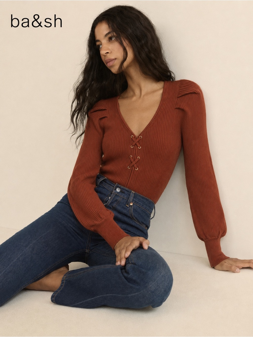 ba&sh Rust Ribbed Lace-Up Puff Sleeve Sweater XS NWOT